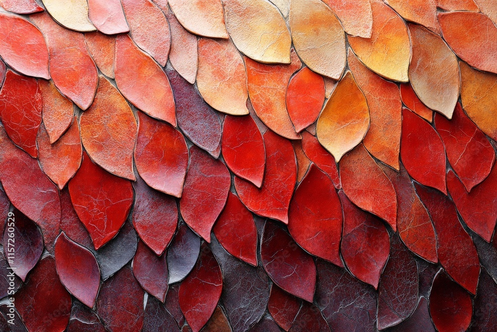 Poster a vibrant composition showcasing abstract overlapping leaves, each uniquely textured, blending warm 
