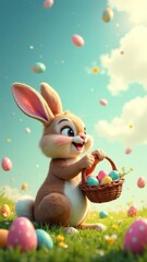 A cute rabbit holds a basket in its paws, runs, jumps on the grass, and catches Easter eggs coming from the sky. Happy Easter day concept and idea