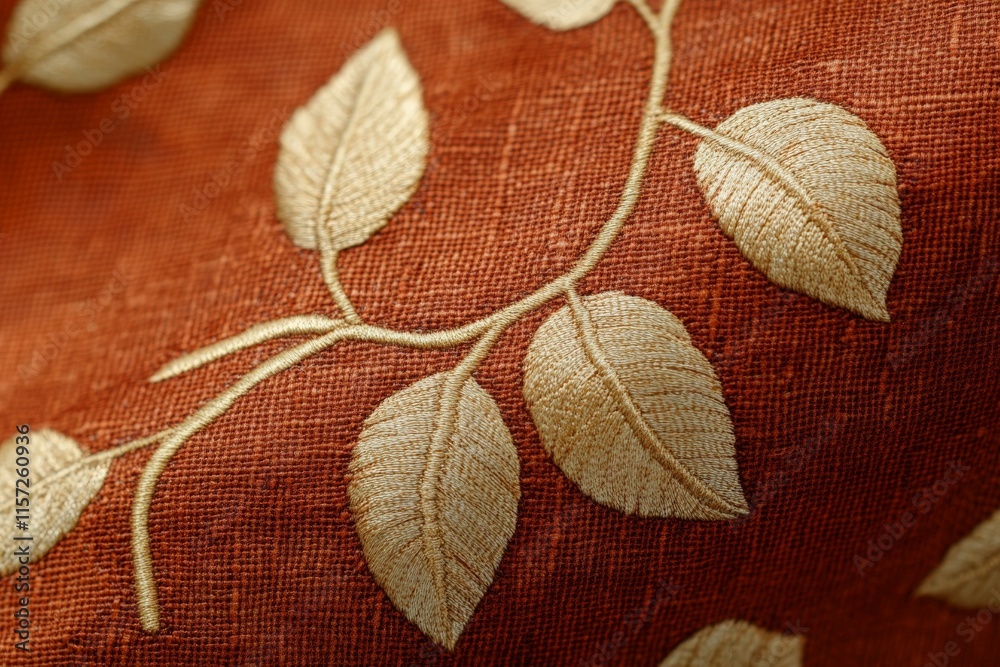 Aufkleber a luxurious fabric featuring elegant beige leaves embroidered on a rich, textured background, perfec