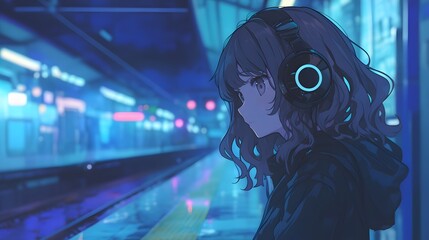 Sad anime girl in big headphones at a train station, reflecting a sense of loneliness