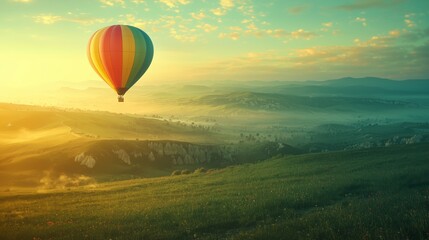 Fototapeta premium Colorful Hot Air Balloon Over Serene Landscape at Sunrise