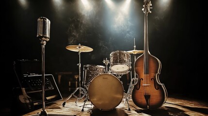 Fototapeta premium Classic Jazz Instruments with Microphone in Dimly Lit Stage Setup