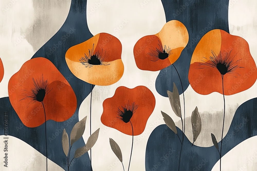 Poster An abstract depiction of poppies with bold color contrasts, illustrating dynamic artistry and modern design, capturing the essence of simplicity and vibrant expression.