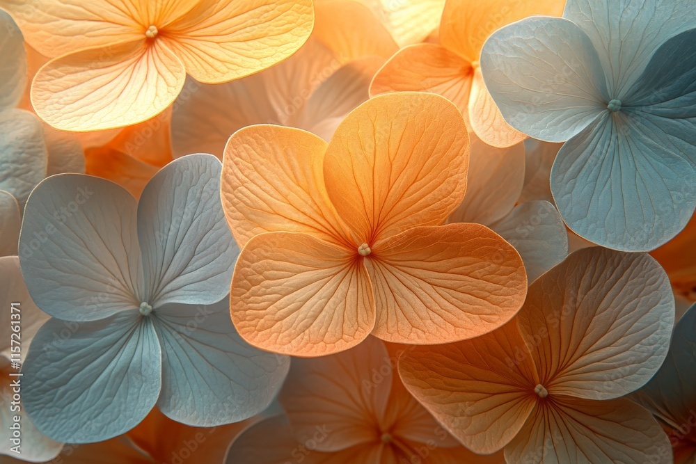 Poster flowers in harmonious symmetry display orange and blue hues, blending vibrancy with calm to create a