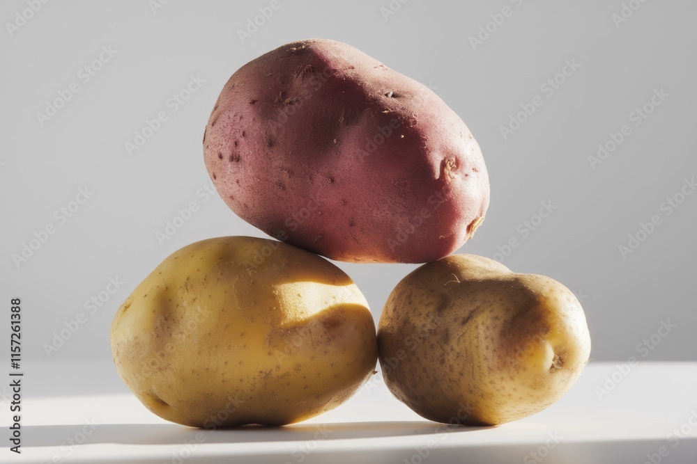 Poster Three potatoes of different colors are stacked in a triangular formation against a light gray background.