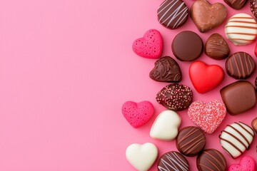 A variety of premium chocolate candies, including white, dark, and milk chocolate, arranged as a background with sweets. Copy space. Top view.