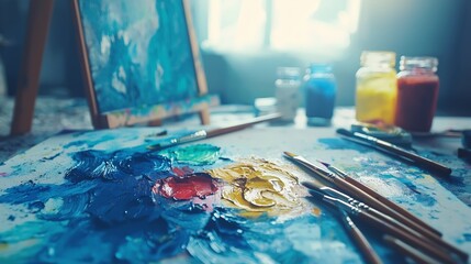 Colorful Art Supplies on a Palette with Brush and Canvas in Studio