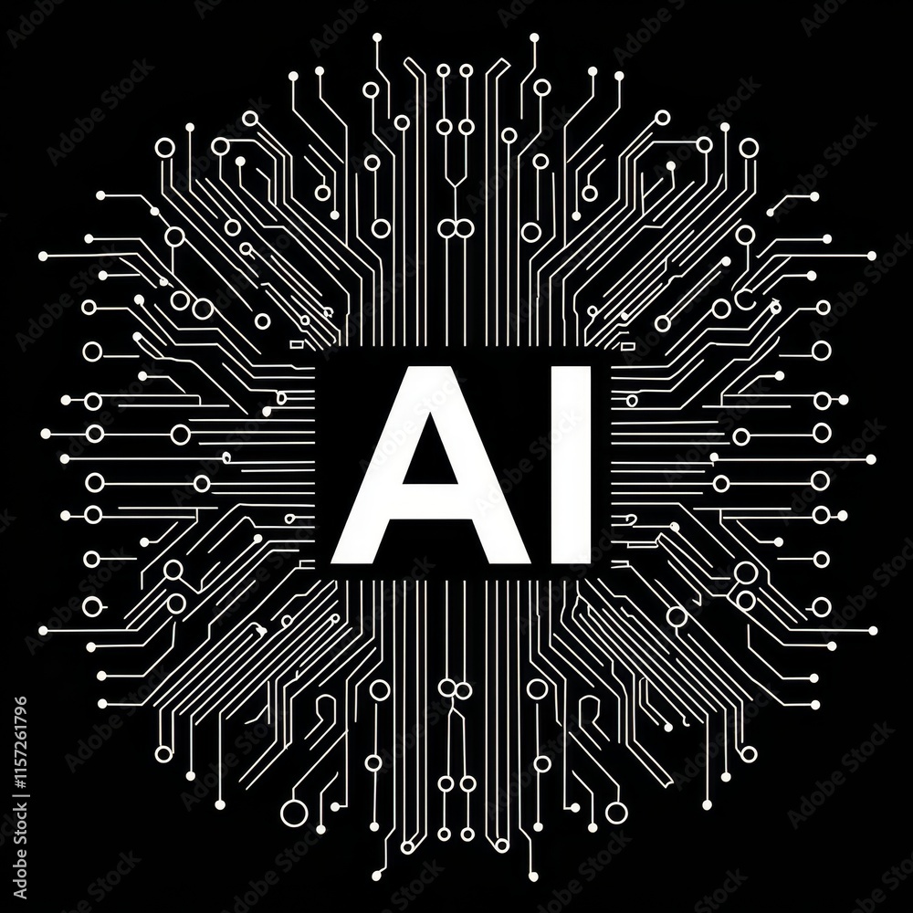 Poster digital representation of artificial intelligence with circuit patterns radiating from the central a