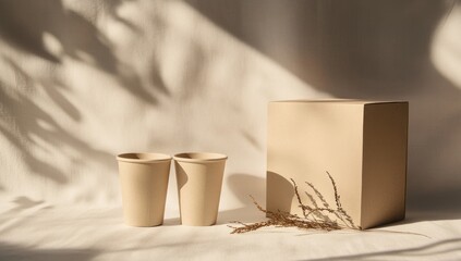 Beige Paper Cups Minimalist Product Shot with Box and Dried Flowers