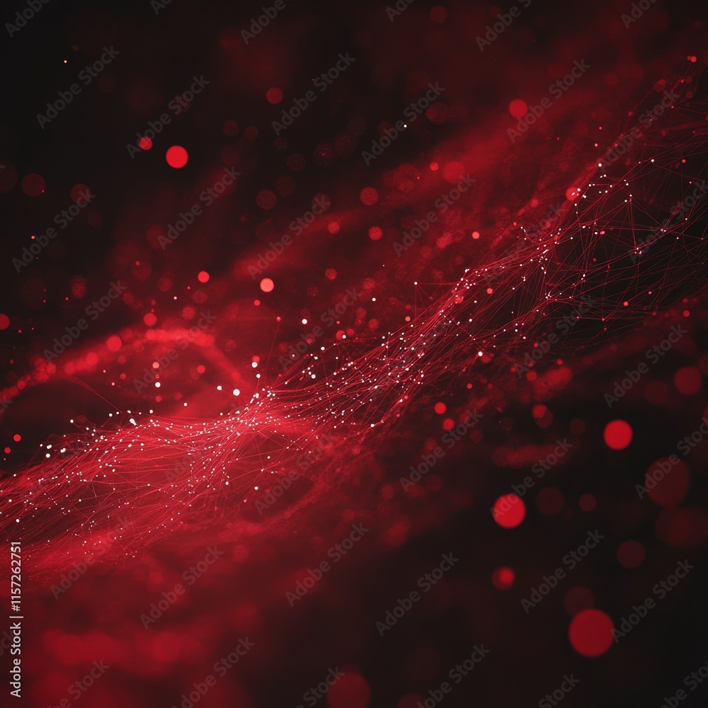 Poster vibrant red abstract wave with glowing particles creates a dynamic visual effect in a dark backgroun