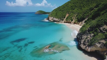 Secluded hidden beach with turquoise water, surrounded by lush greenery.