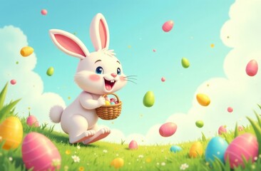 A cute rabbit holds a basket in its paws, runs, jumps on the grass, and catches Easter eggs coming from the sky. Happy Easter day concept and idea