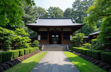 Traditional Japanese Buddhist temple in tranquil garden. Symmetrical design with well-maintained green hedges, pathway leading to entrance. Wooden architecture with dark roof. Peaceful, serene