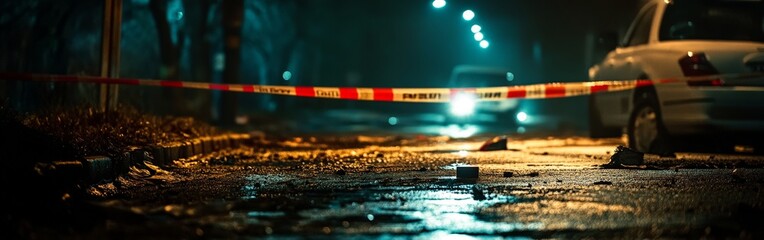 Crime Scene at Night with Police Tape and Evidence