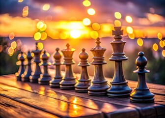 Soft light bathes a weathered chess table;  hazy photo captures a timeless, dreamlike game.