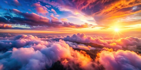 Obraz premium Soft pink AI-generated cloudscape; majestic fluffy formations viewed from a drone's perspective.