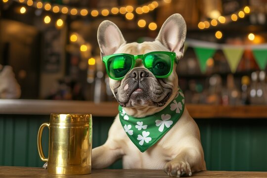 French bulldog celebrating saint patrick's day at the pub