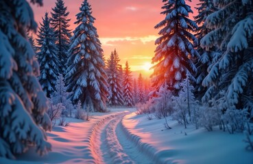 Winter sunrise paints snow-covered forest path. Sunrise colors highlight snow-dusted trees. Pathway winds through tranquil winter wonderland. Scenic winter nature photo. Beautiful morning in snowy