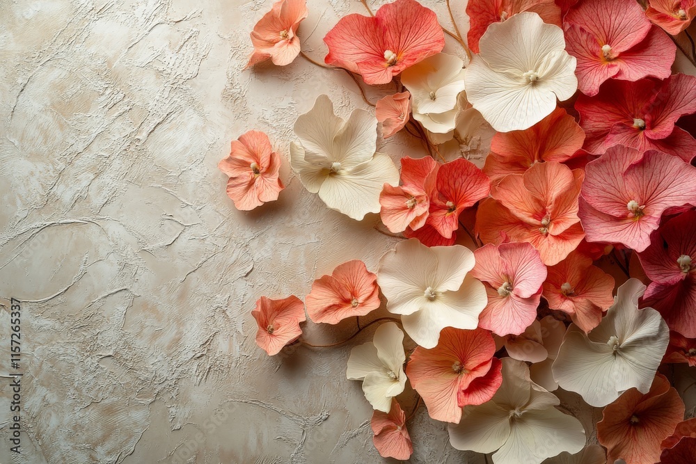 Poster this image presents an arrangement of pastel-colored flowers laid out on a textured surface, creatin
