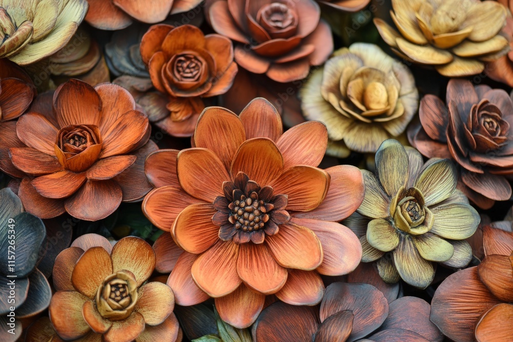 Poster this captivating image features an array of earth-toned wooden flowers, each carefully crafted and d