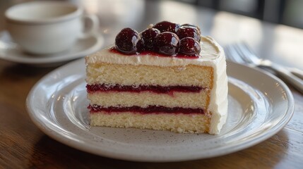 Delicious slice of layered cherry cake with whipped cream, served on a plate.