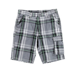 Men's checkered grey shorts with pockets. Knee-length shorts. Front view. 
Isolated image on a white background. Nobody. 
