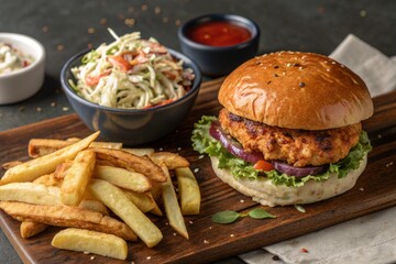 Juicy Burger with Crispy Fries and Coleslaw