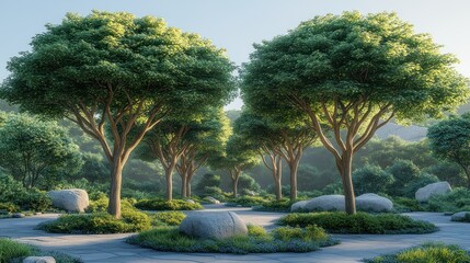 Serene garden path with lush trees and rocks at sunrise.