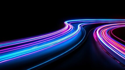 A neon light outlines the road with abstract curved lines. Fast laser beams streak across. LED fibers flow in motion.