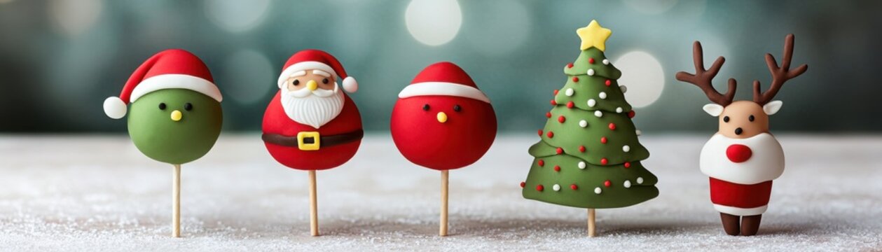 Festive cake pops and decorations featuring Santa, a Christmas tree, and a reindeer create a cheerful holiday display.
