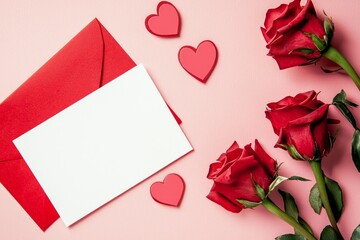 Red Roses, Envelope, and Heart Decorations Create a Romantic Setting for Love Notes or Special Occasions Like Valentine's Day or Anniversaries