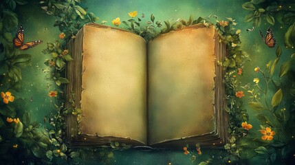 Open book green background center surrounded by border A whimsical fairy tale © Panuwat
