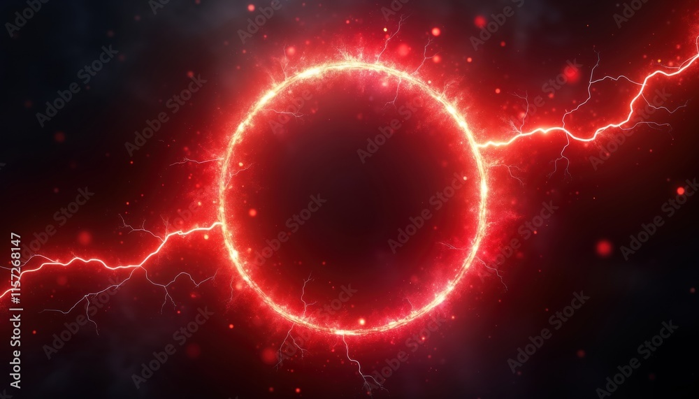 Poster Red abstract circle ring with swirling glow particles, plasma lightning effects. Energetic visual effect on black background. Great for tech sci-fi projects. Dynamic design element for digital media
