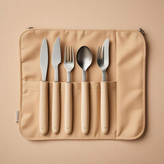 A reusable travel cutlery set in a fabric case, arranged on a beige backdrop.