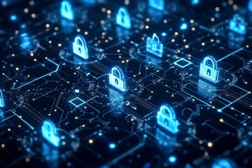Close-up circuit board multiple padlocks it are arranged ensuring data privacy compliance