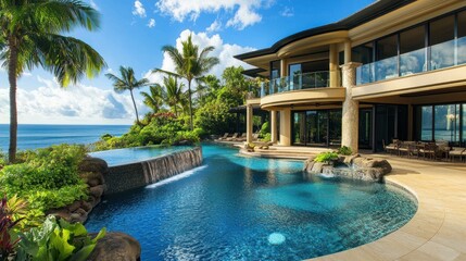 Fototapeta premium A luxurious modern residential area near the sandy beach, which features a swimming pool, background wallpaper AI generated image