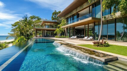 Fototapeta premium A luxurious modern residential area near the sandy beach, which features a swimming pool, background wallpaper AI generated image