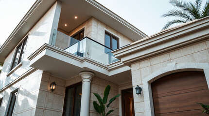 Fototapeta premium Exterior View of a Multi-Story House with Balcony and Garage