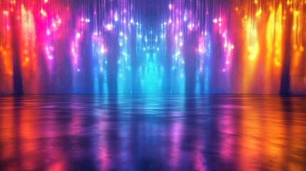 A colorful, multicolored, neon background with an illuminated archway wall in the center of the room. The walls have tall arched windows, and there is no furniture in the room. 