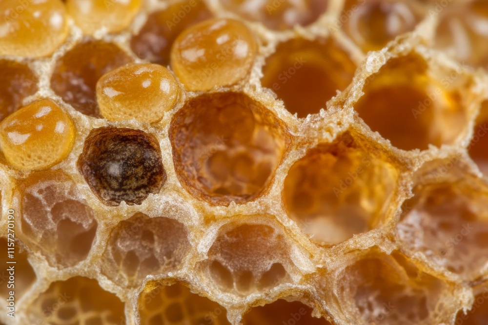 Poster High-definition macro capture of honeycomb structure, showcasing the geometric pattern and natural texture that symbolize industry and sweetness.