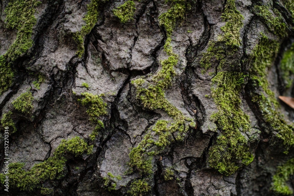 Poster a close-up view of tree bark covered in green moss, emphasizing texture and natural patterns, captur