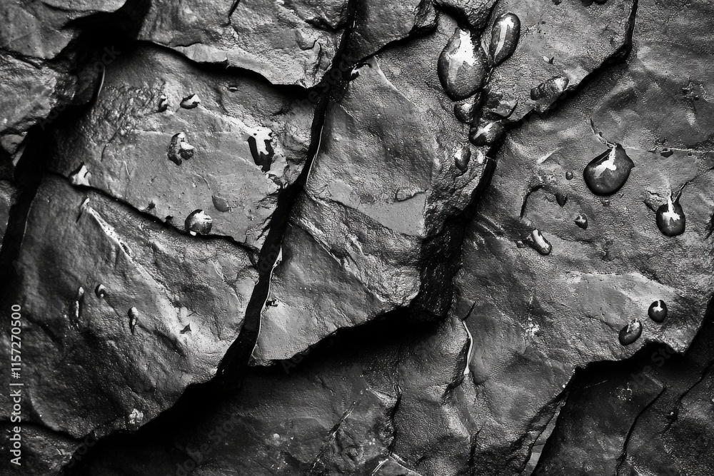 Poster The image captures a close-up view of textured dark rocks with droplets of water, creating a stunning contrast and highlighting the intricate surface details.