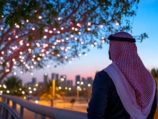 Man in traditional Arab attire contemplates city lights at dusk.