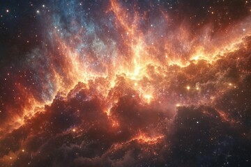 Obraz premium A breathtaking cosmic formation displaying a vivid nebula, swirling in a palette of fiery oranges and deep blues, lighting up the vast, starry universe around.