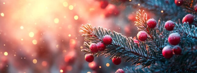 Winter Holiday Decorations With Snow-Covered Branches and Bright Red Berries Creating a Festive Atmosphere in a Snowy Landscape During Christmas Season