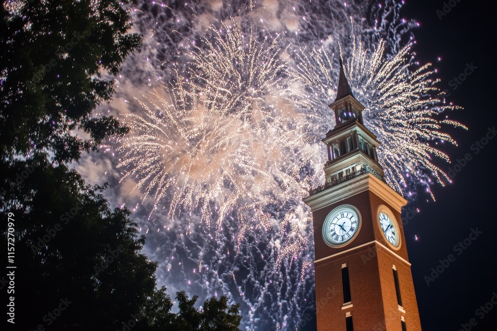 Poster A striking clock tower is highlighted by a cascade of colorful fireworks, filling the night sky and creating a captivating and festive atmosphere.