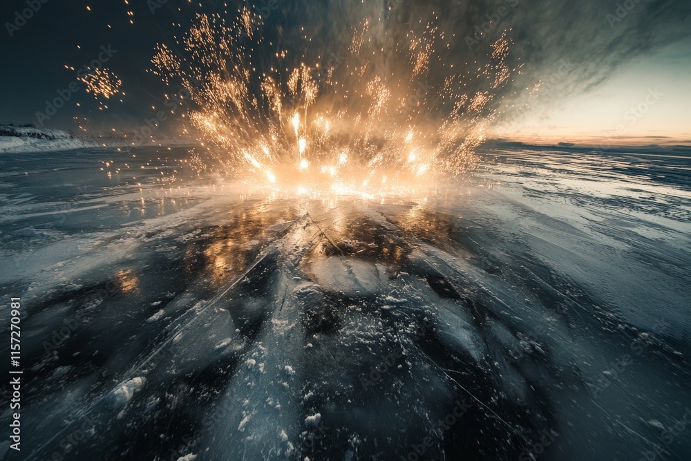 Poster a stunning display of fireworks erupts over a frozen surface, casting vibrant reflections and illumi