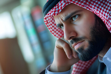 Pensive Arabian businessman in traditional attire, hand on chin, thoughtfully looking away.