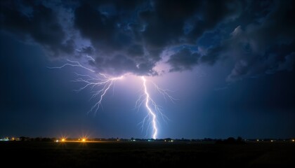 Fototapeta premium Powerful lightning bolt illuminates dark night sky during thunderstorm. Bright flash of electricity illuminates dark clouds. Dark silhouettes of landscape, buildings under storm. Dramatic weather