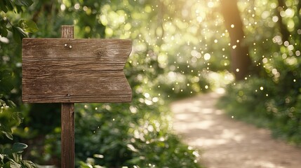 Fototapeta premium A wooden signpost marking trails along a vibrant sunlit path, blending perfectly with the natural forest environment